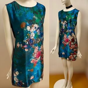 Iridescent teal blue floral graphic artsy print mini dress -very likely silk!